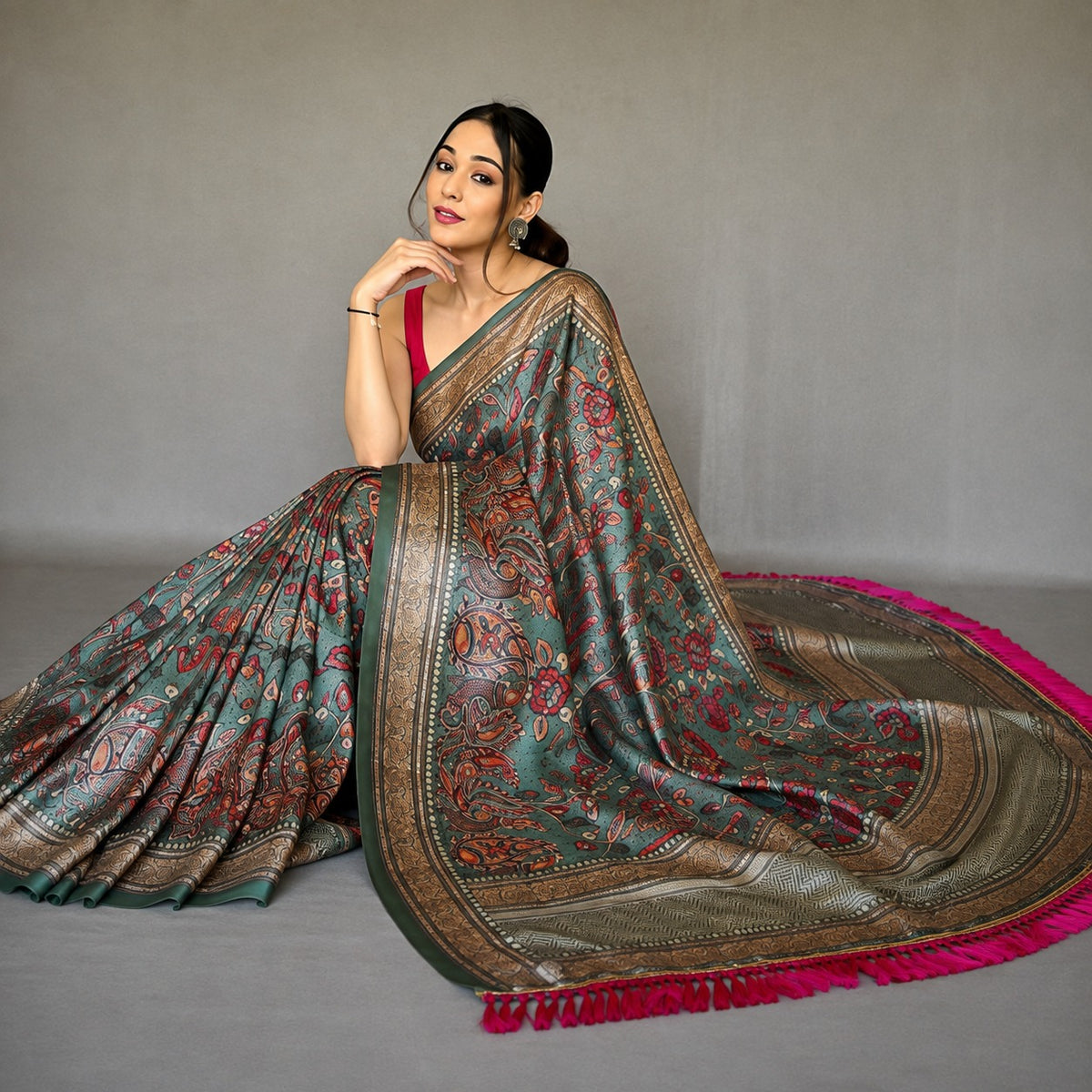Soft Silk Kalamkari Designer Saree- Green