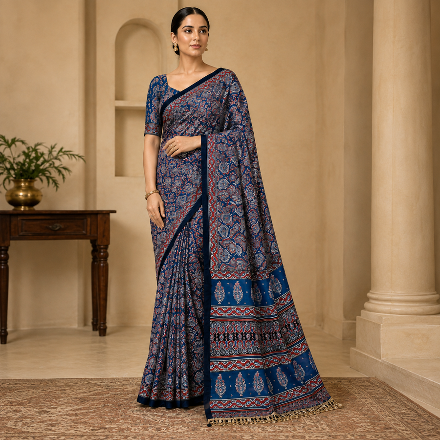 Ajrakh Viscose Silk Mirror Work Saree