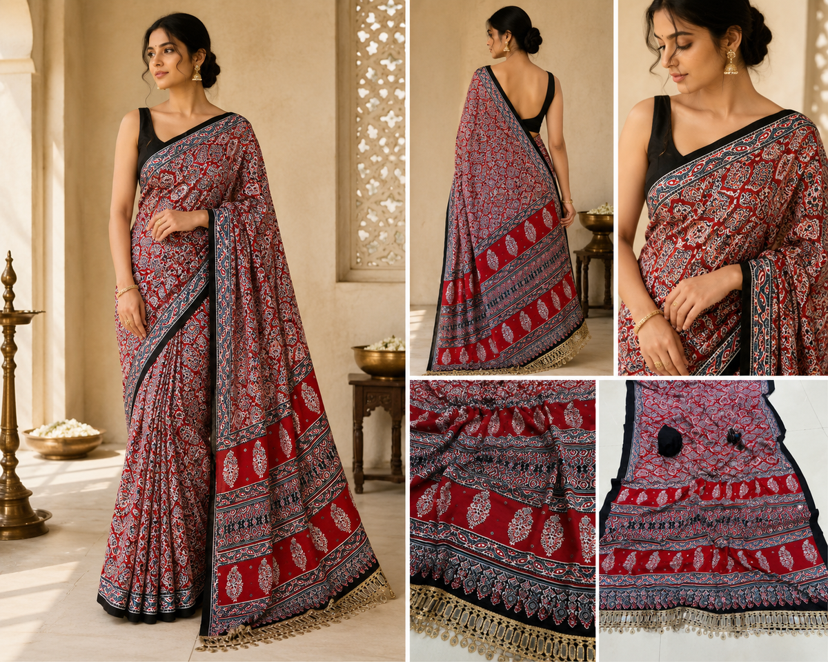 Ajrakh Viscose Silk Mirror Work Saree- Red