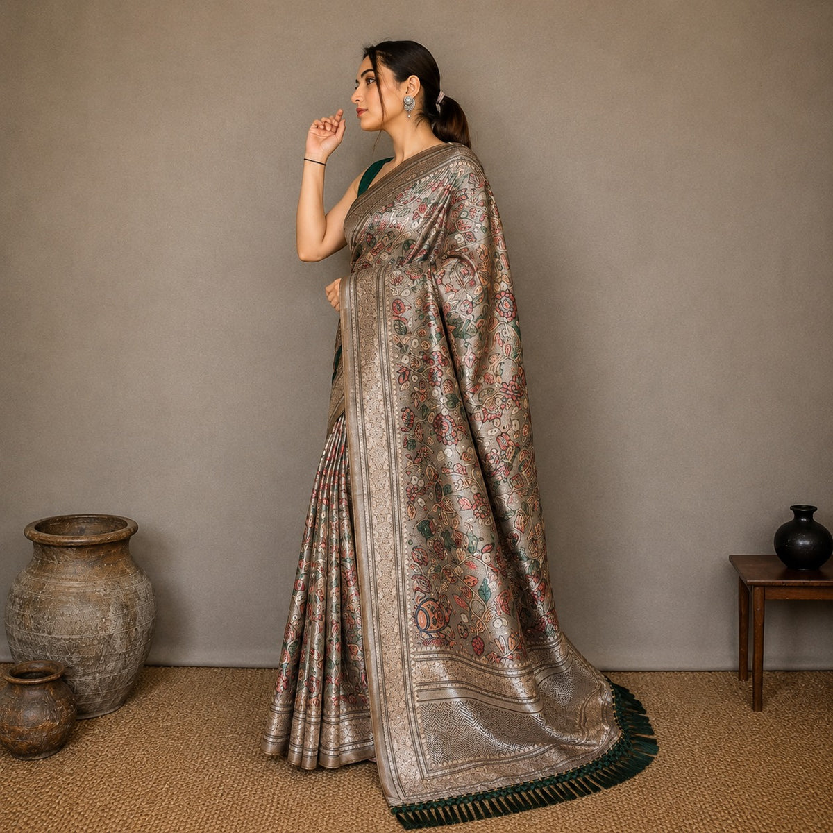 Soft Silk Kalamkari Designer Saree- Grey