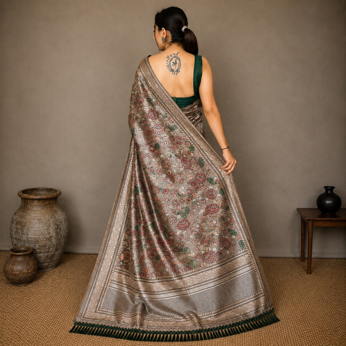 Soft Silk Kalamkari Designer Saree- Grey