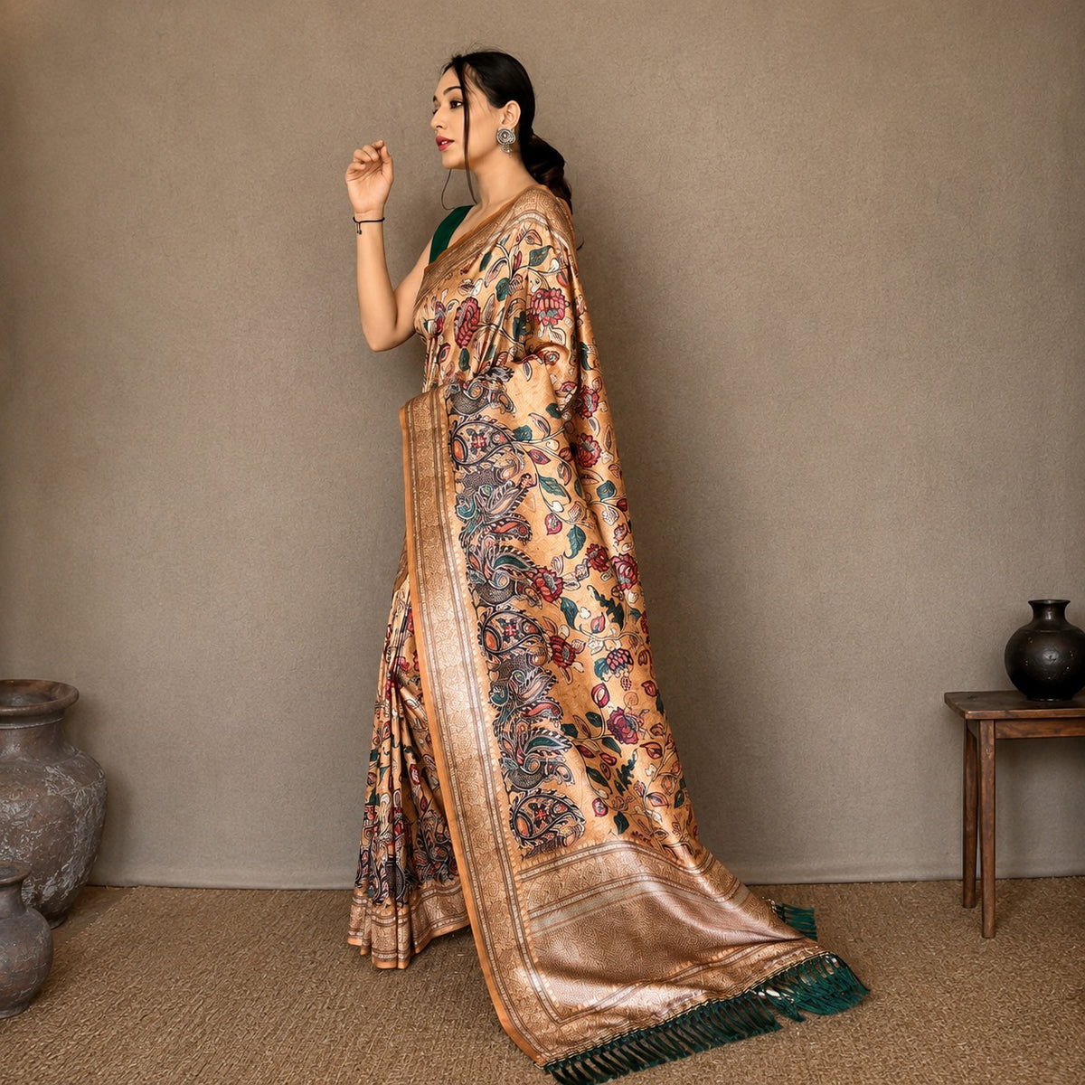 Soft Silk Kalamkari Designer Saree- Gold