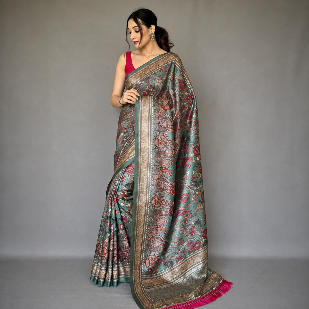 Soft Silk Kalamkari Designer Saree- Green