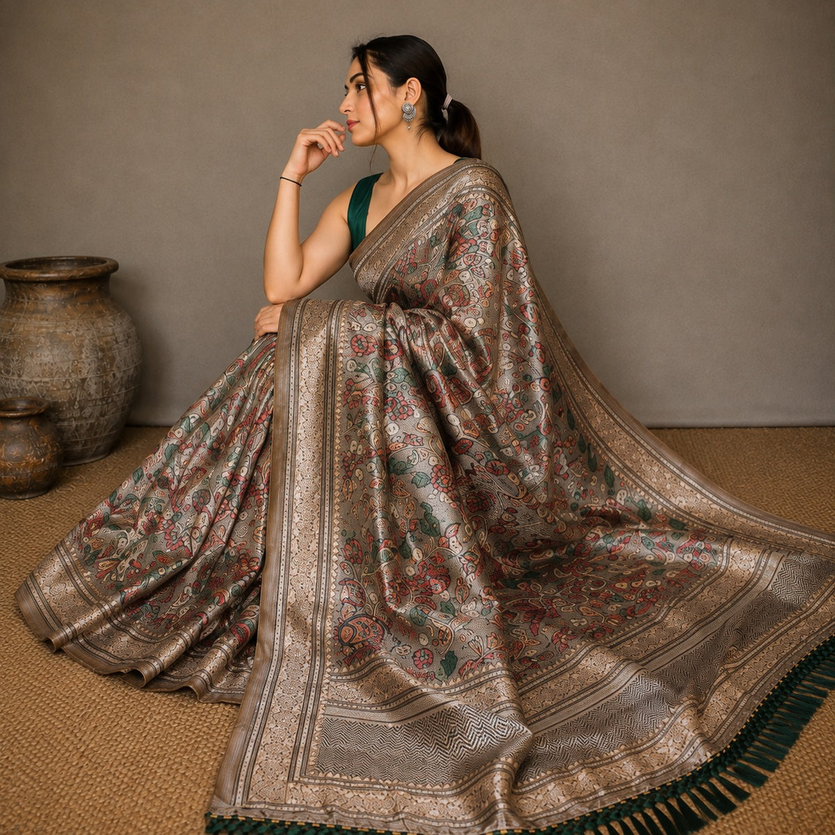Soft Silk Kalamkari Designer Saree- Grey