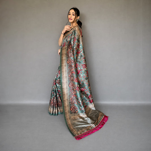 Soft Silk Kalamkari Designer Saree- Green