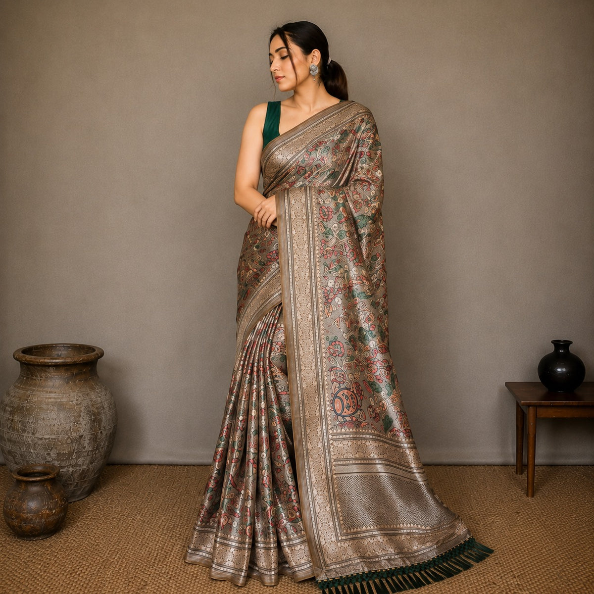 Soft Silk Kalamkari Designer Saree- Grey