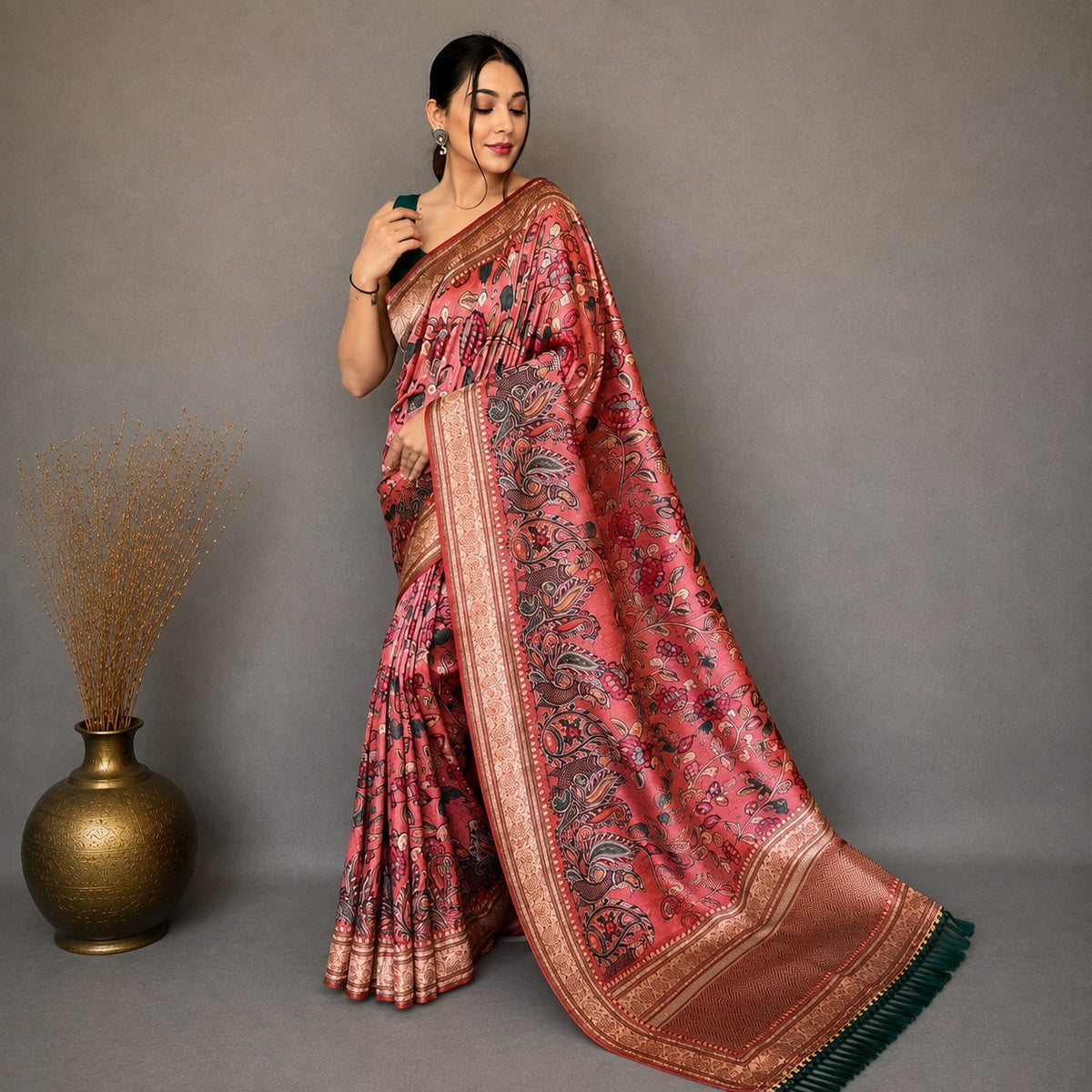 Soft Silk Kalamkari Designer Saree- Pink