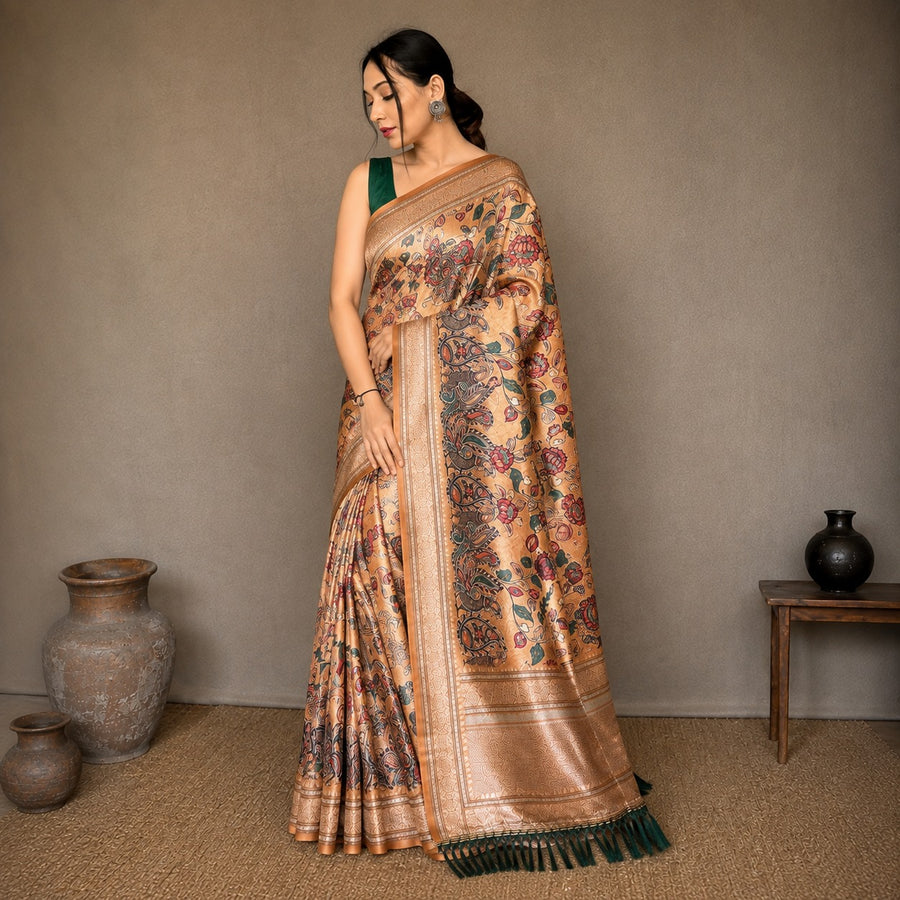 Soft Silk Kalamkari Designer Saree- Gold