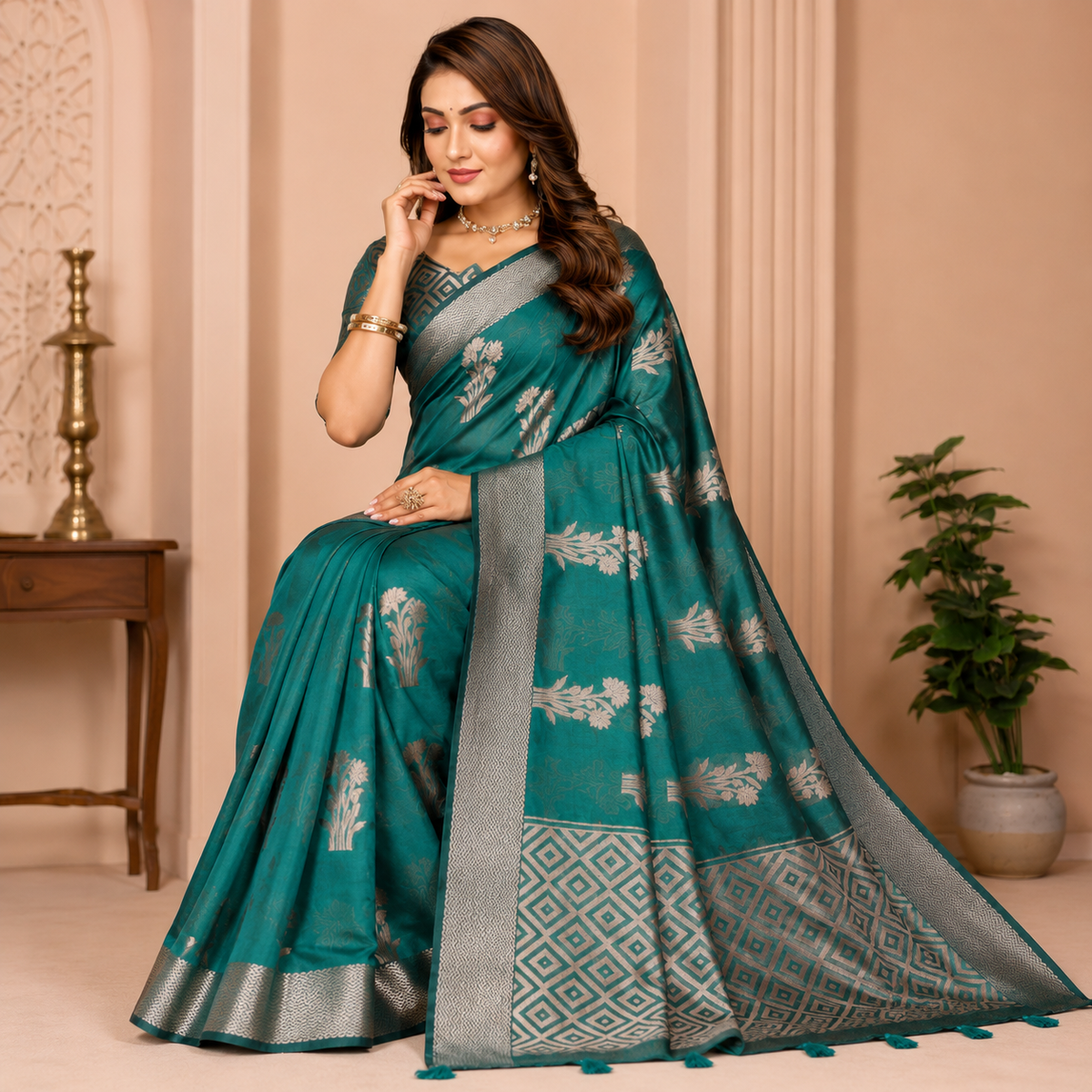 Organza Banarasi Designer Silk Saree- Bottle Green