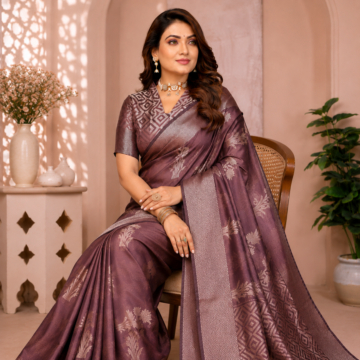 Organza Banarasi Designer Silk Saree- Mau