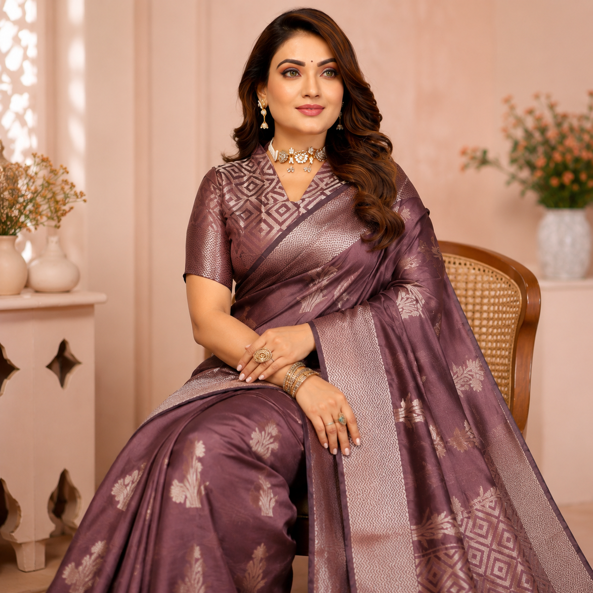 Organza Banarasi Designer Silk Saree- Mau