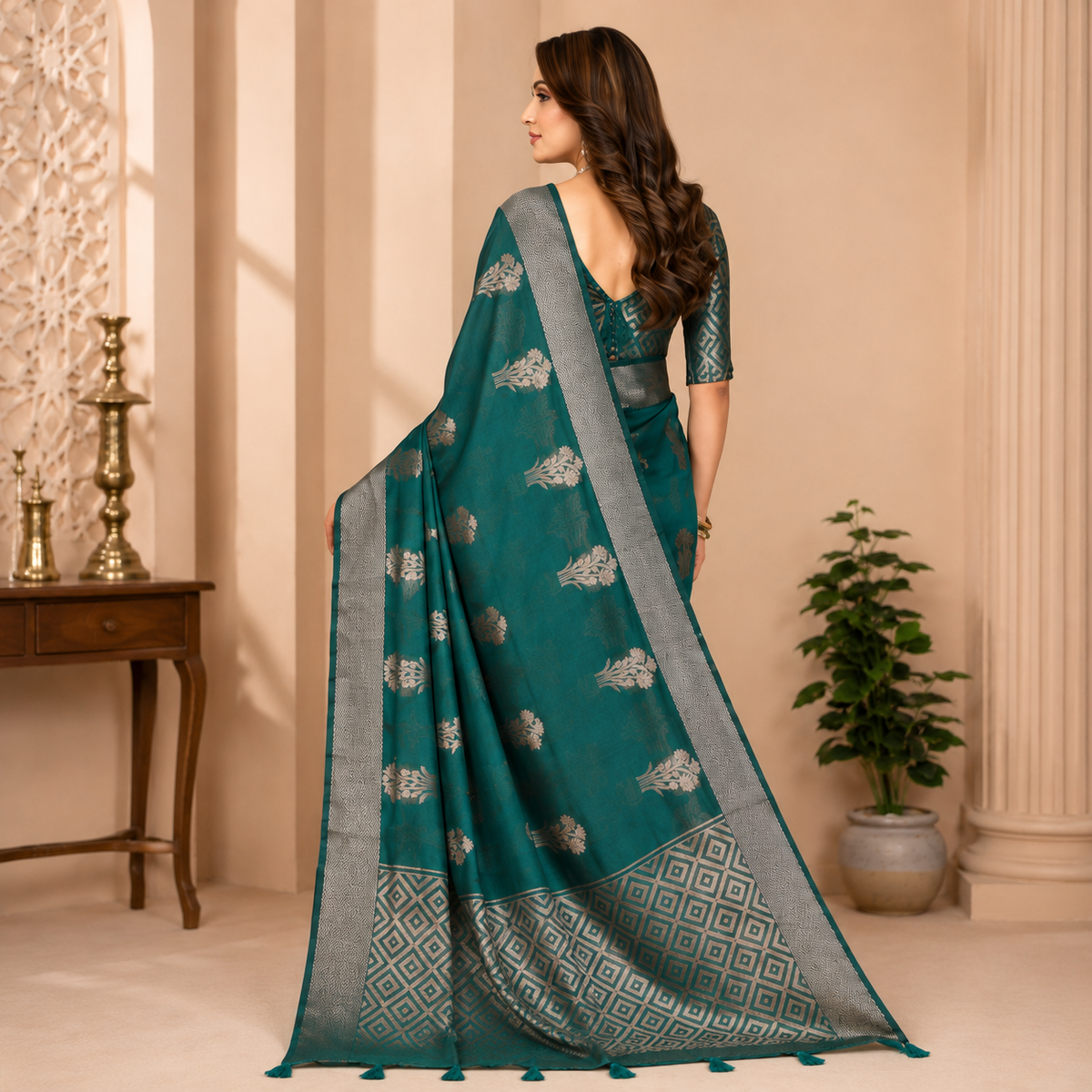 Organza Banarasi Designer Silk Saree- Bottle Green