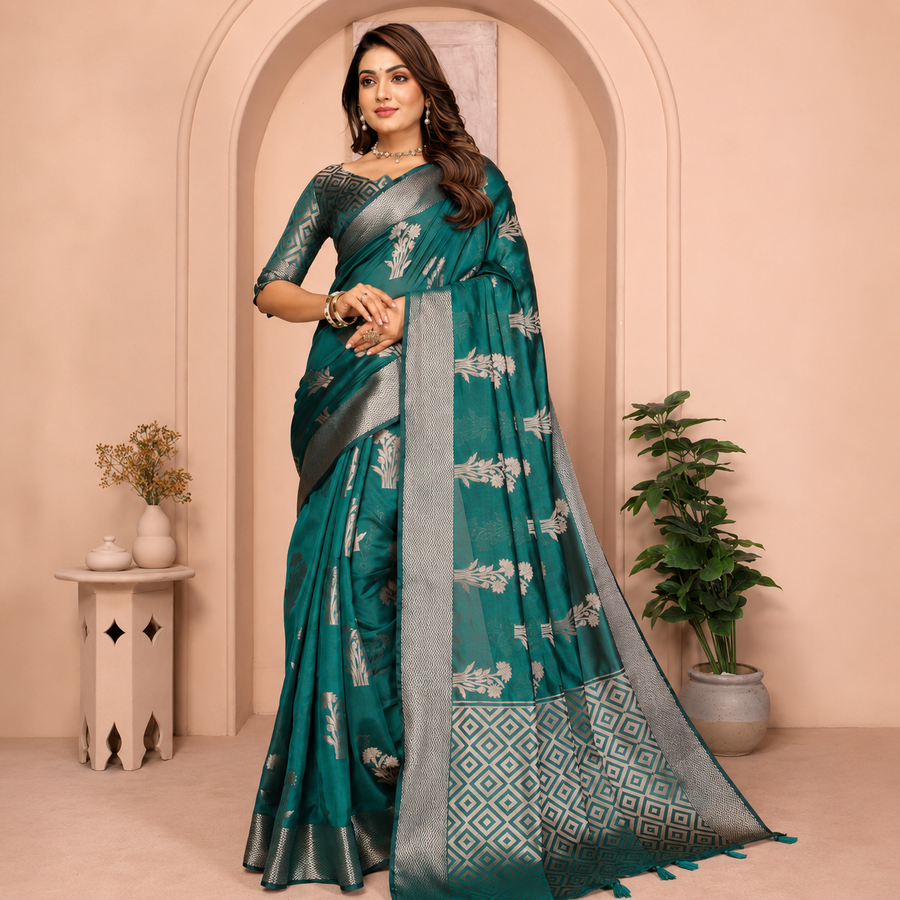 Organza Banarasi Designer Silk Saree- Bottle Green