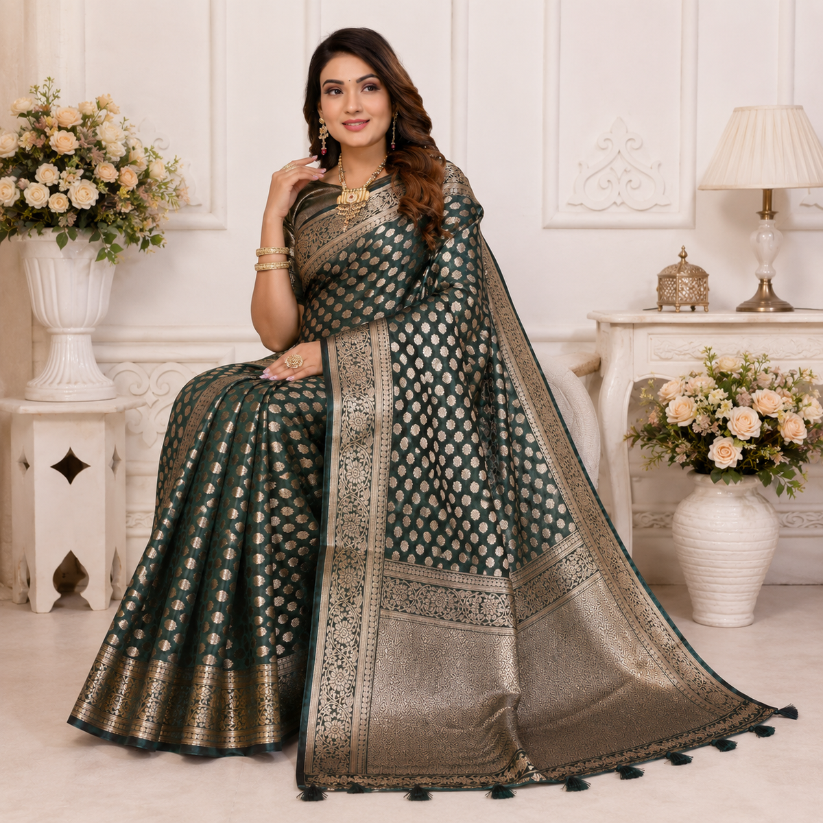 Organza Banarasi Designer Silk Saree- Green