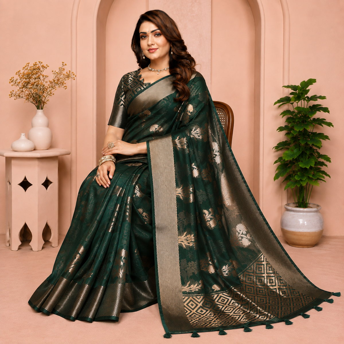 Organza Banarasi Designer Silk Saree- Green