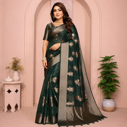 Organza Banarasi Designer Silk Saree- Green