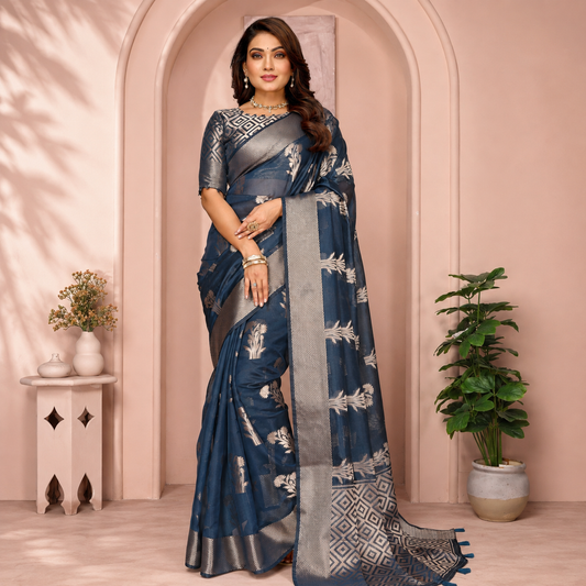 Organza Banarasi Designer Silk Saree- navy blue