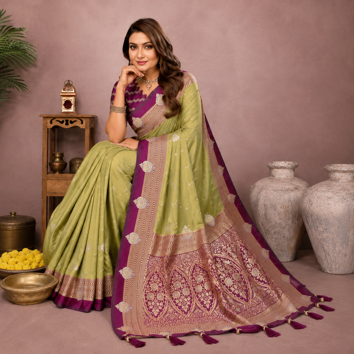 Kalamkari Banarasi Silk Saree - Light Green