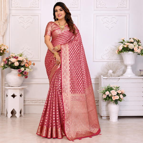 Organza Banarasi Designer Silk Saree- onion pink 2