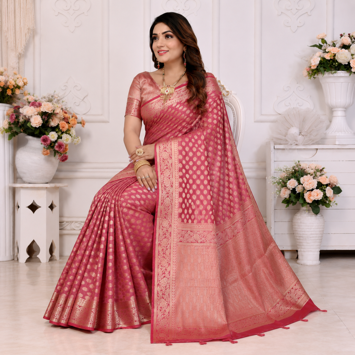 Organza Banarasi Designer Silk Saree- onion pink 2