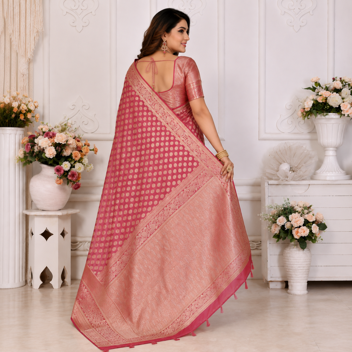 Organza Banarasi Designer Silk Saree- onion pink 2