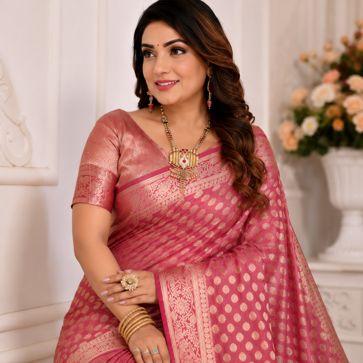 Organza Banarasi Designer Silk Saree- onion pink 2