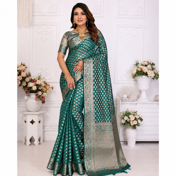 Organza Banarasi Designer Silk Saree- bottle green