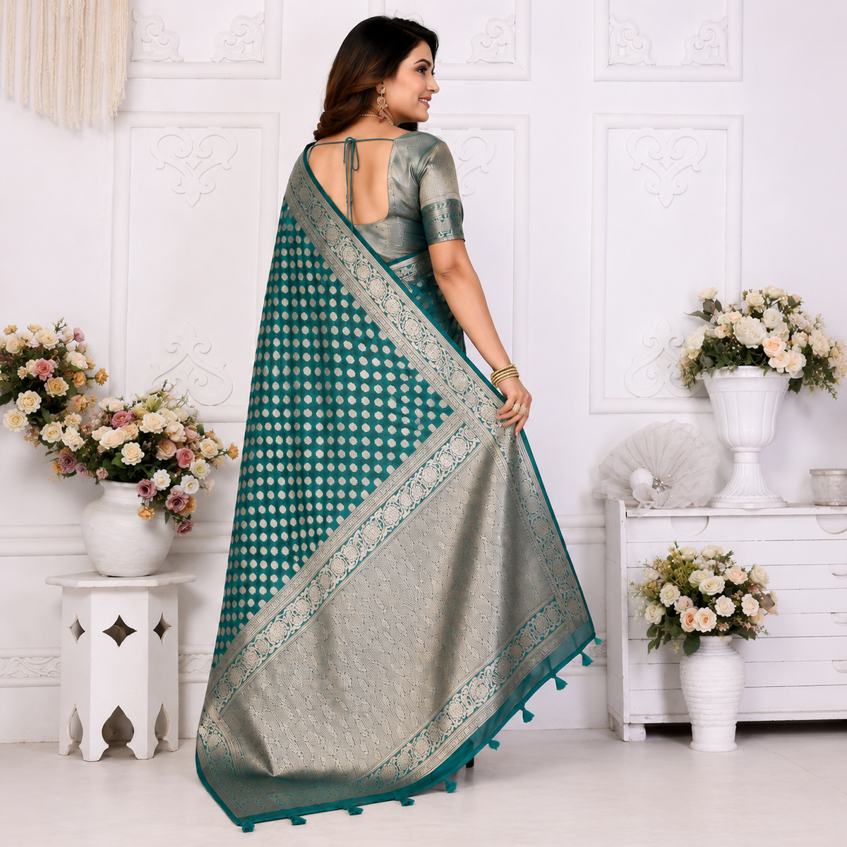 Organza Banarasi Designer Silk Saree- bottle green