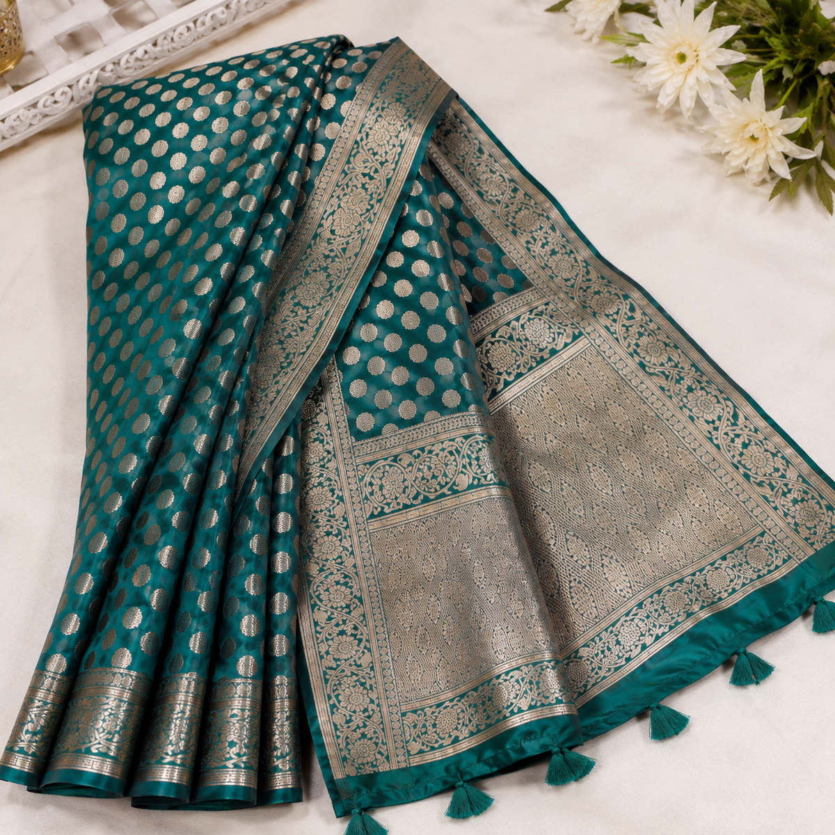 Organza Banarasi Designer Silk Saree- bottle green
