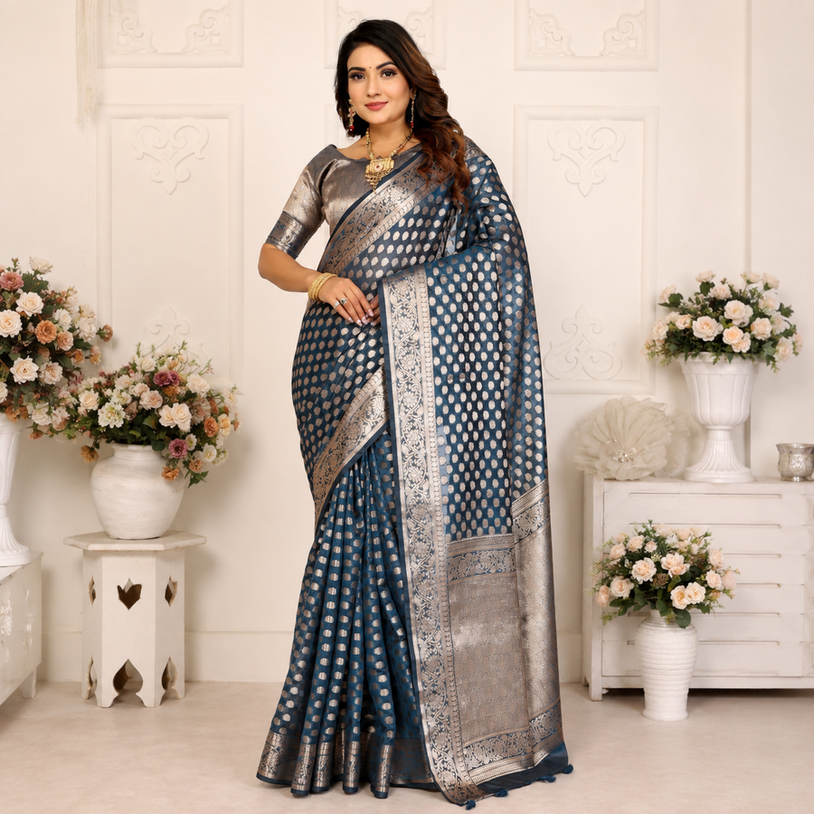 Organza Banarasi Designer Silk Saree-Blue