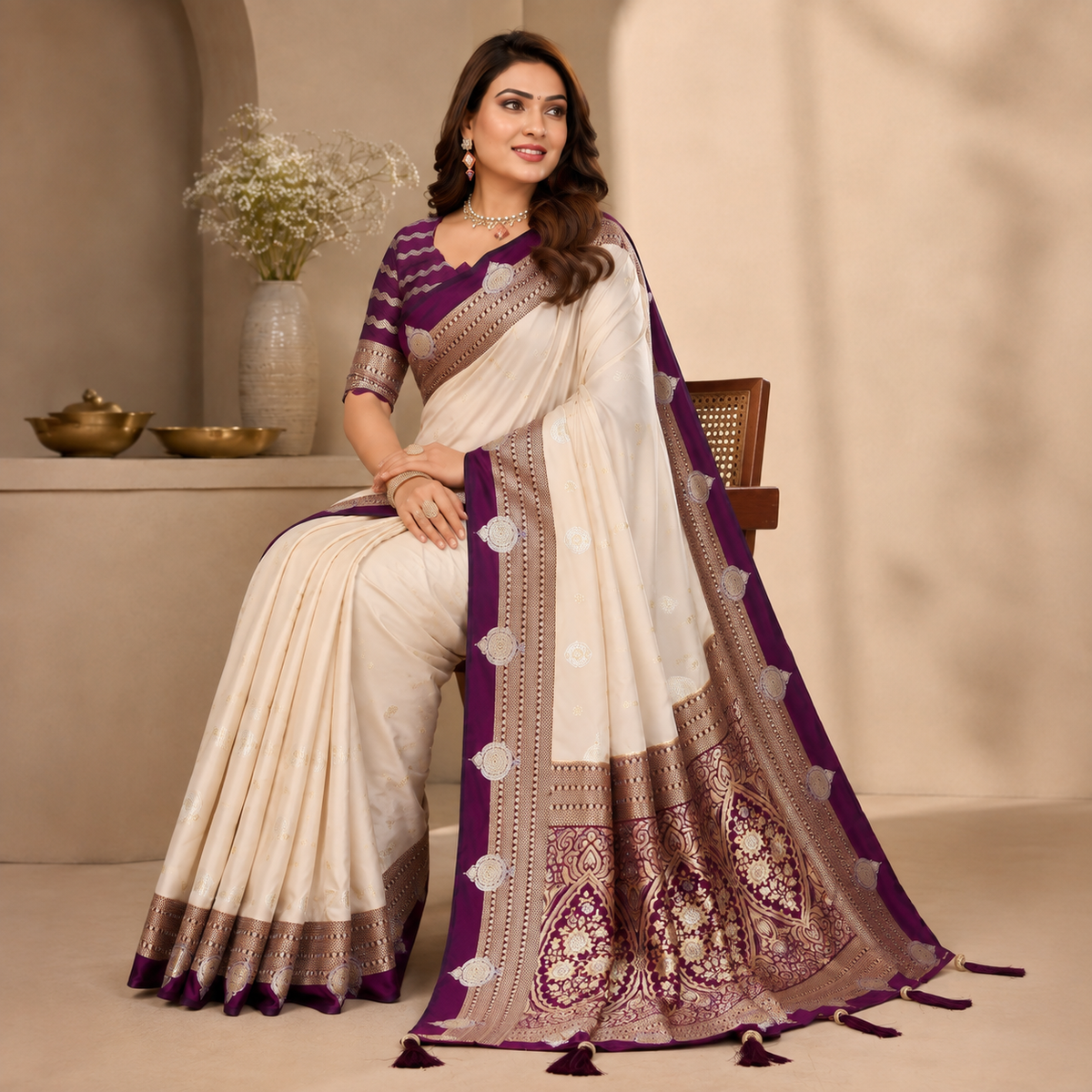 Kalamkari Banarasi Silk Saree - beige