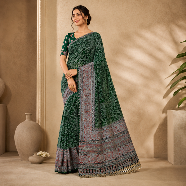 Ajrakh Viscose Silk Mirror Work Saree- Green