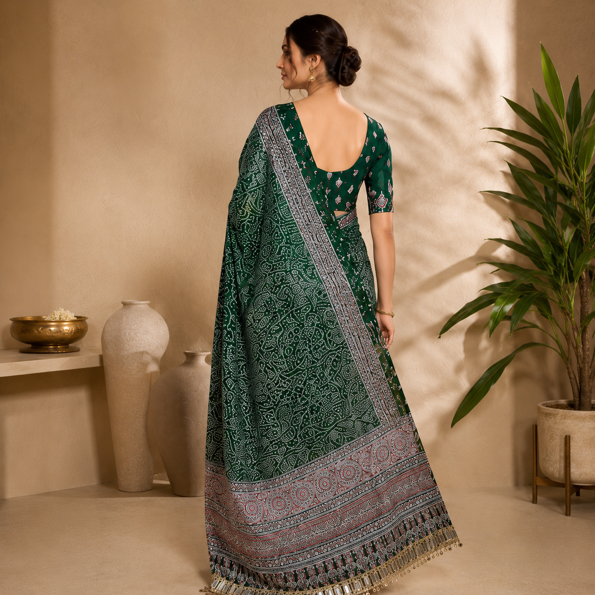 Ajrakh Viscose Silk Mirror Work Saree- Green