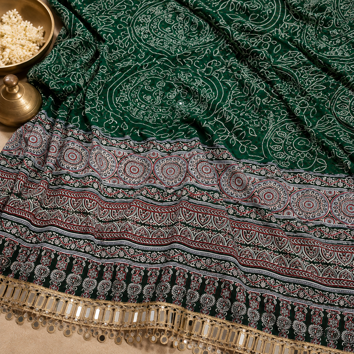 Ajrakh Viscose Silk Mirror Work Saree- Green
