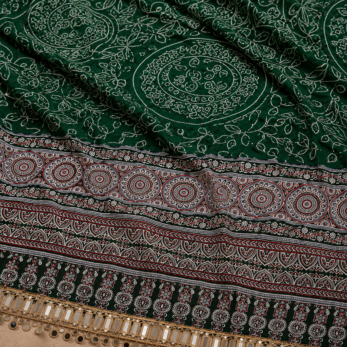 Ajrakh Viscose Silk Mirror Work Saree- Green
