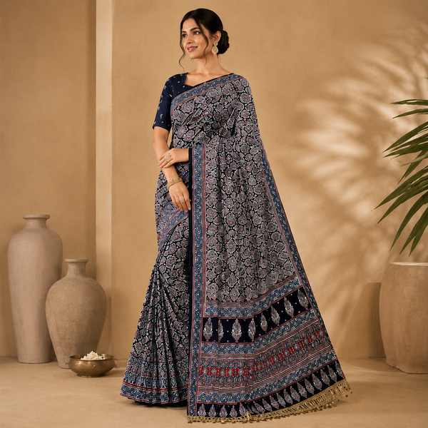 Ajrakh Viscose Silk Mirror Work Saree- Black