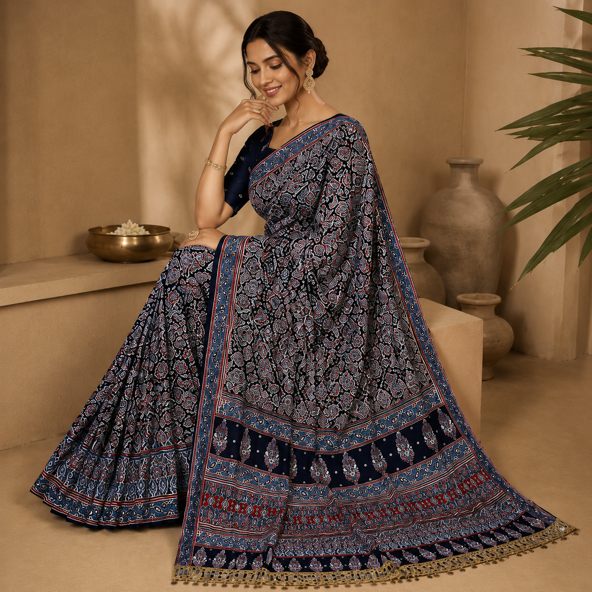 Ajrakh Viscose Silk Mirror Work Saree- Black