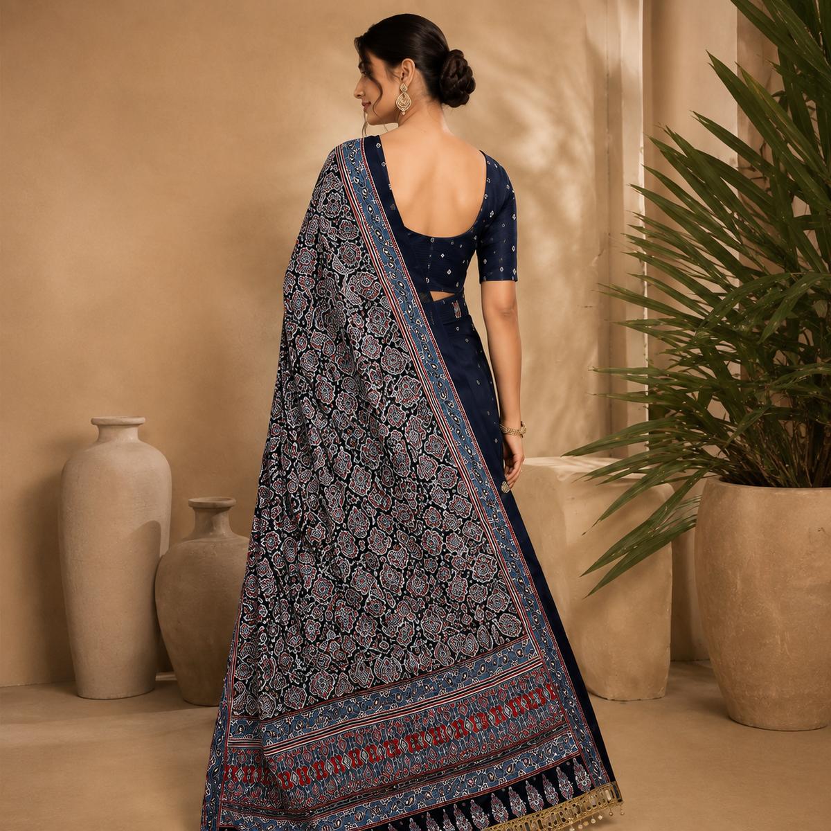 Ajrakh Viscose Silk Mirror Work Saree- Black