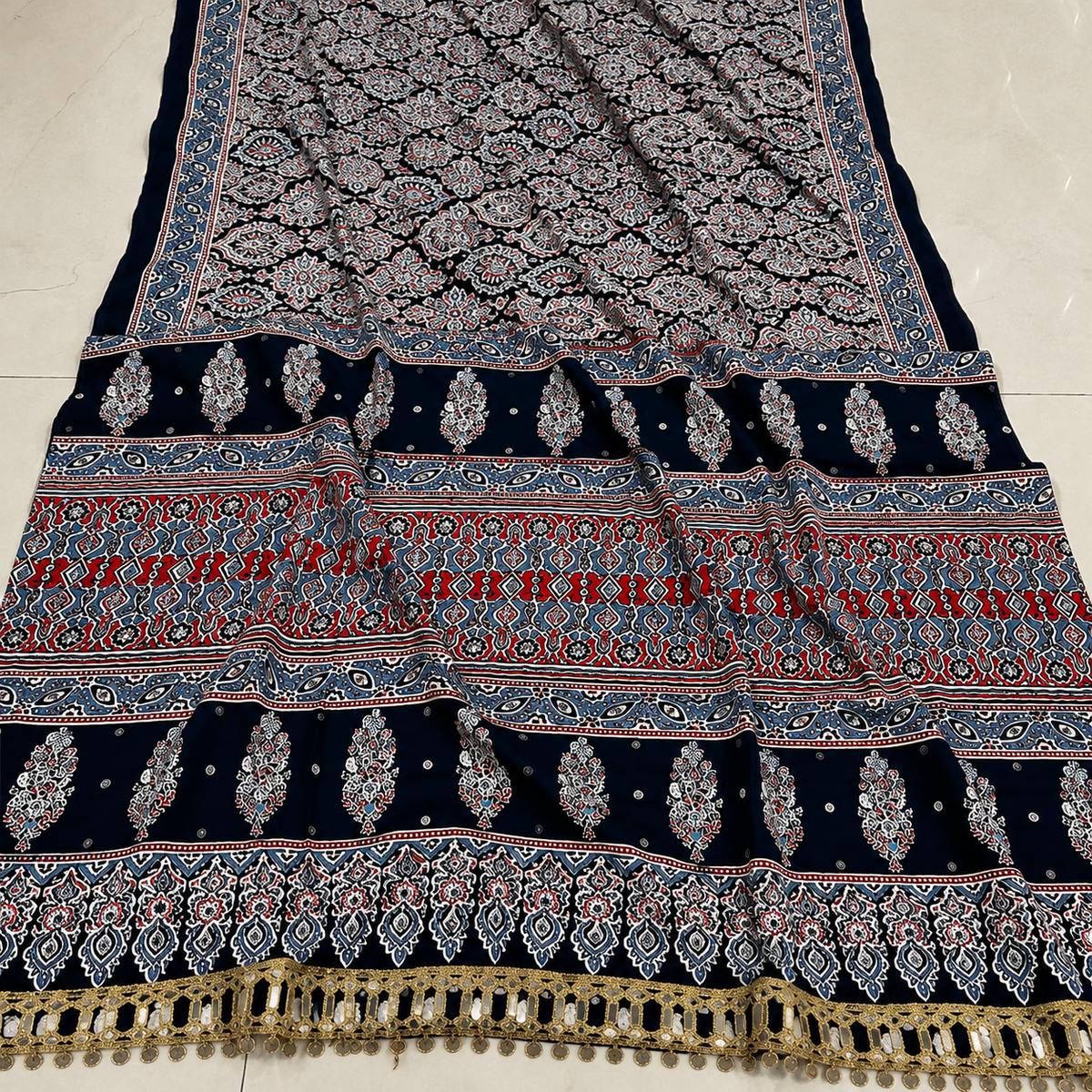 Ajrakh Viscose Silk Mirror Work Saree- Black
