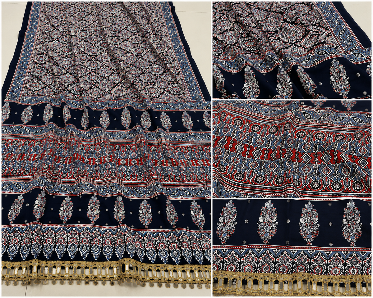 Ajrakh Viscose Silk Mirror Work Saree- Black