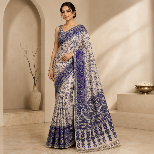 Ajrakh Viscose Silk Mirror Work Saree- Blue and white