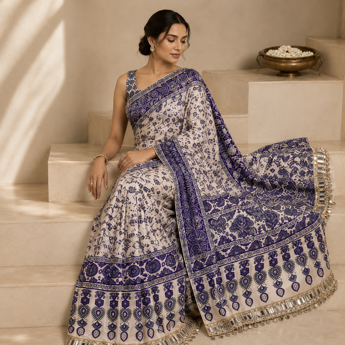 Ajrakh Viscose Silk Mirror Work Saree- Blue and white