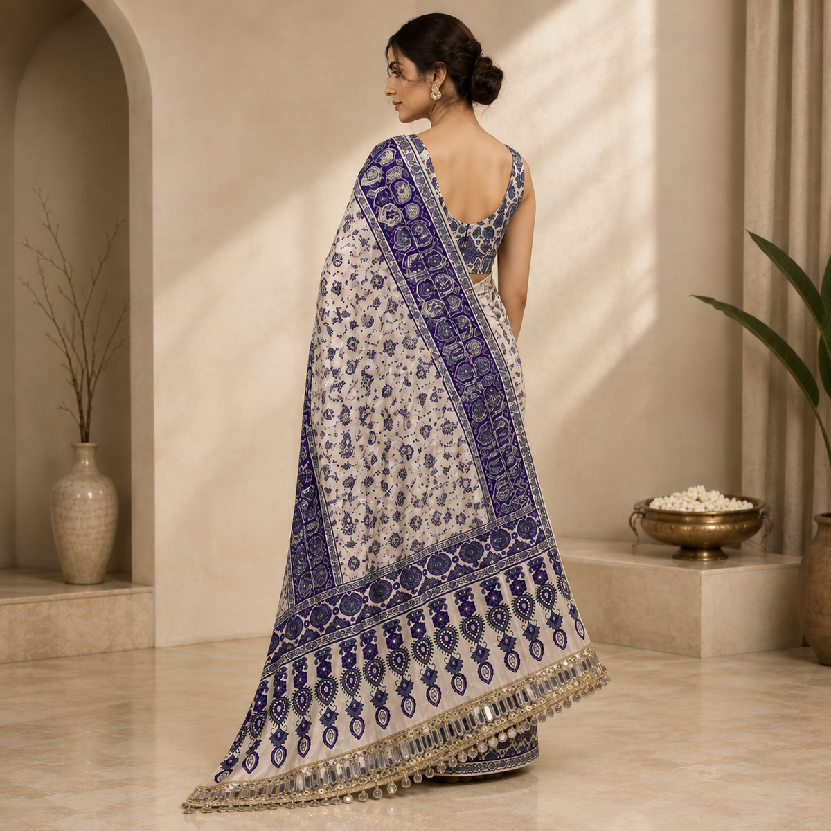 Ajrakh Viscose Silk Mirror Work Saree- Blue and white