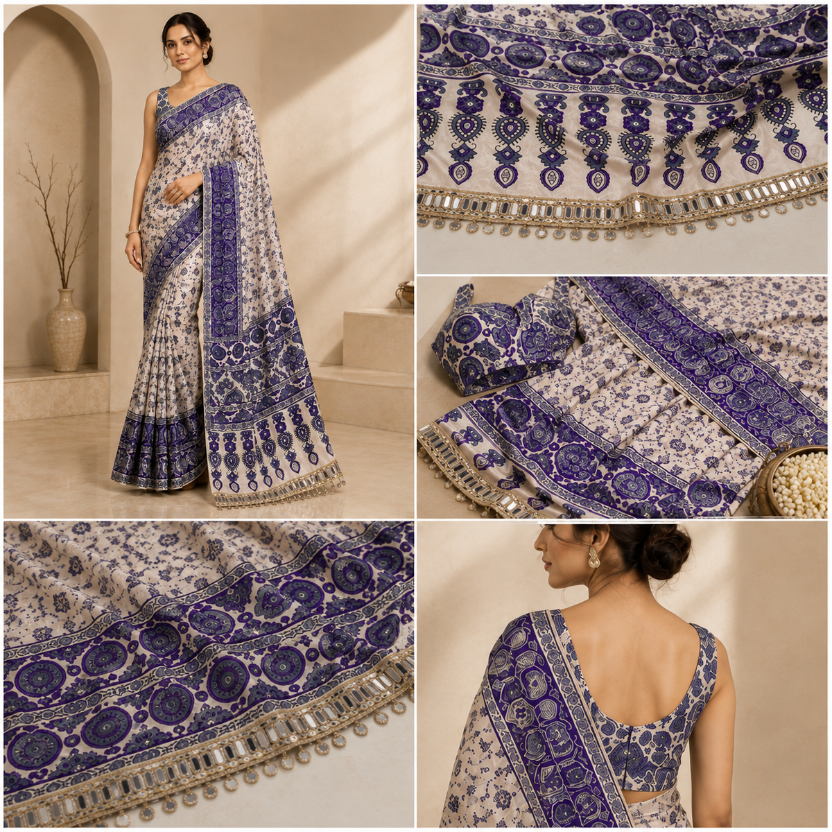 Ajrakh Viscose Silk Mirror Work Saree- Blue and white