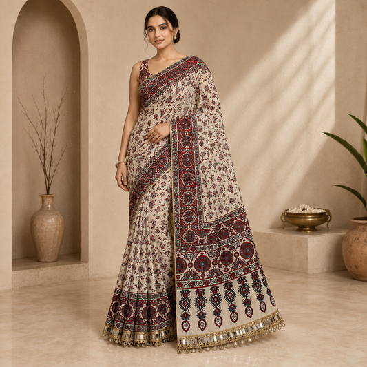 Ajrakh Viscose Silk Mirror Work Saree- Beige