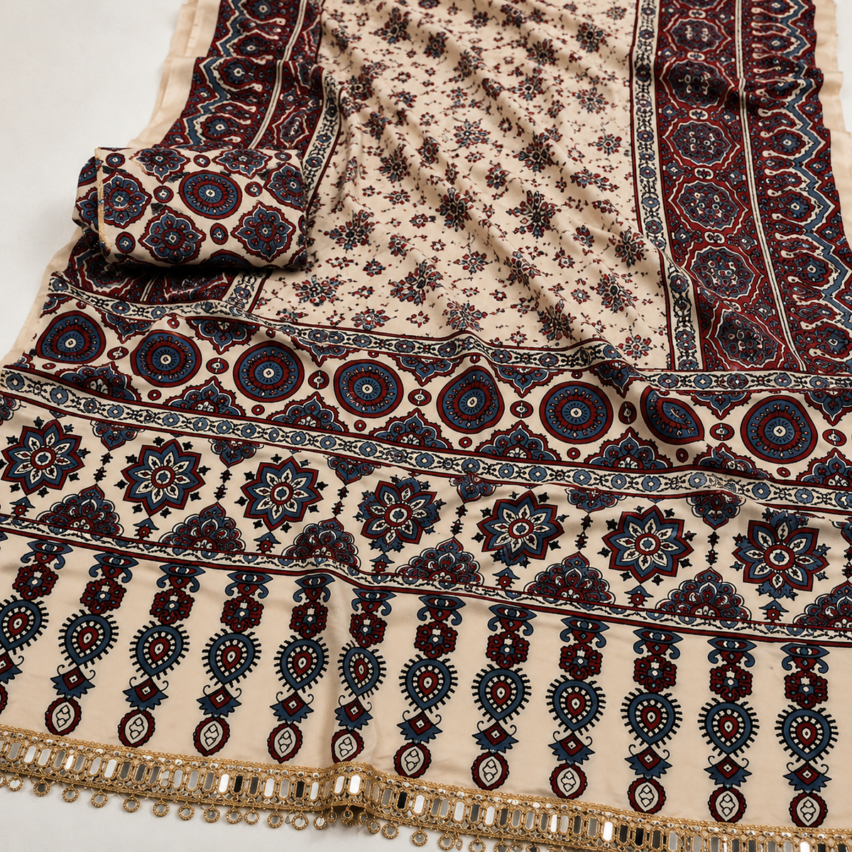 Ajrakh Viscose Silk Mirror Work Saree- Beige