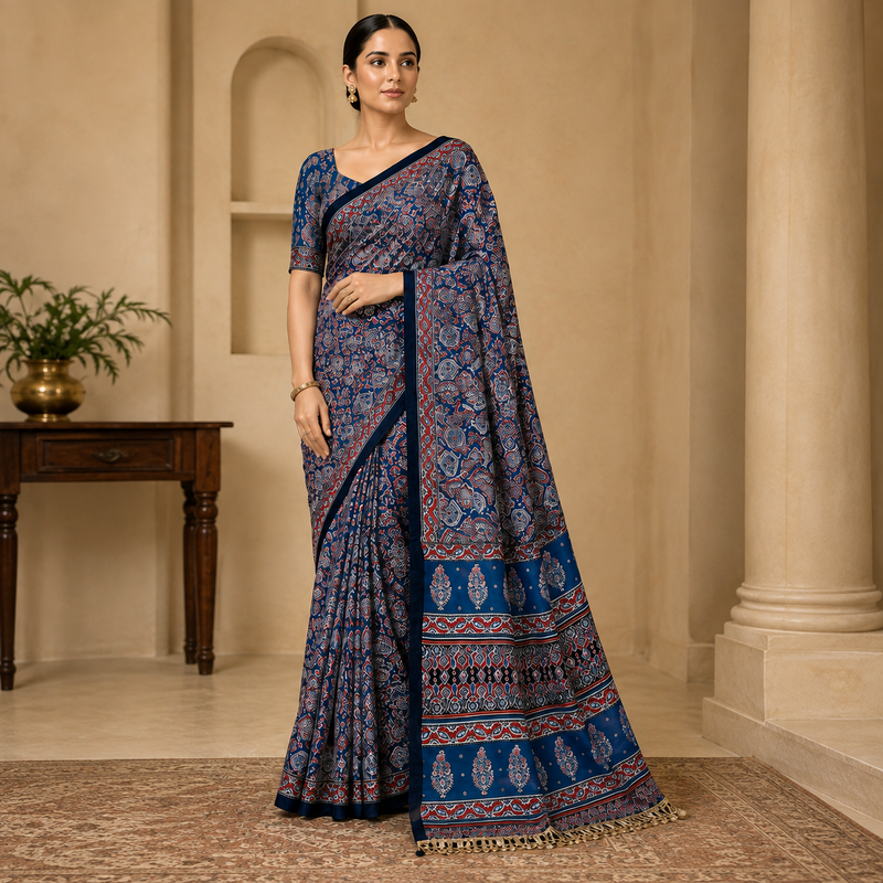 Ajrakh Viscose Silk Mirror Work Saree
