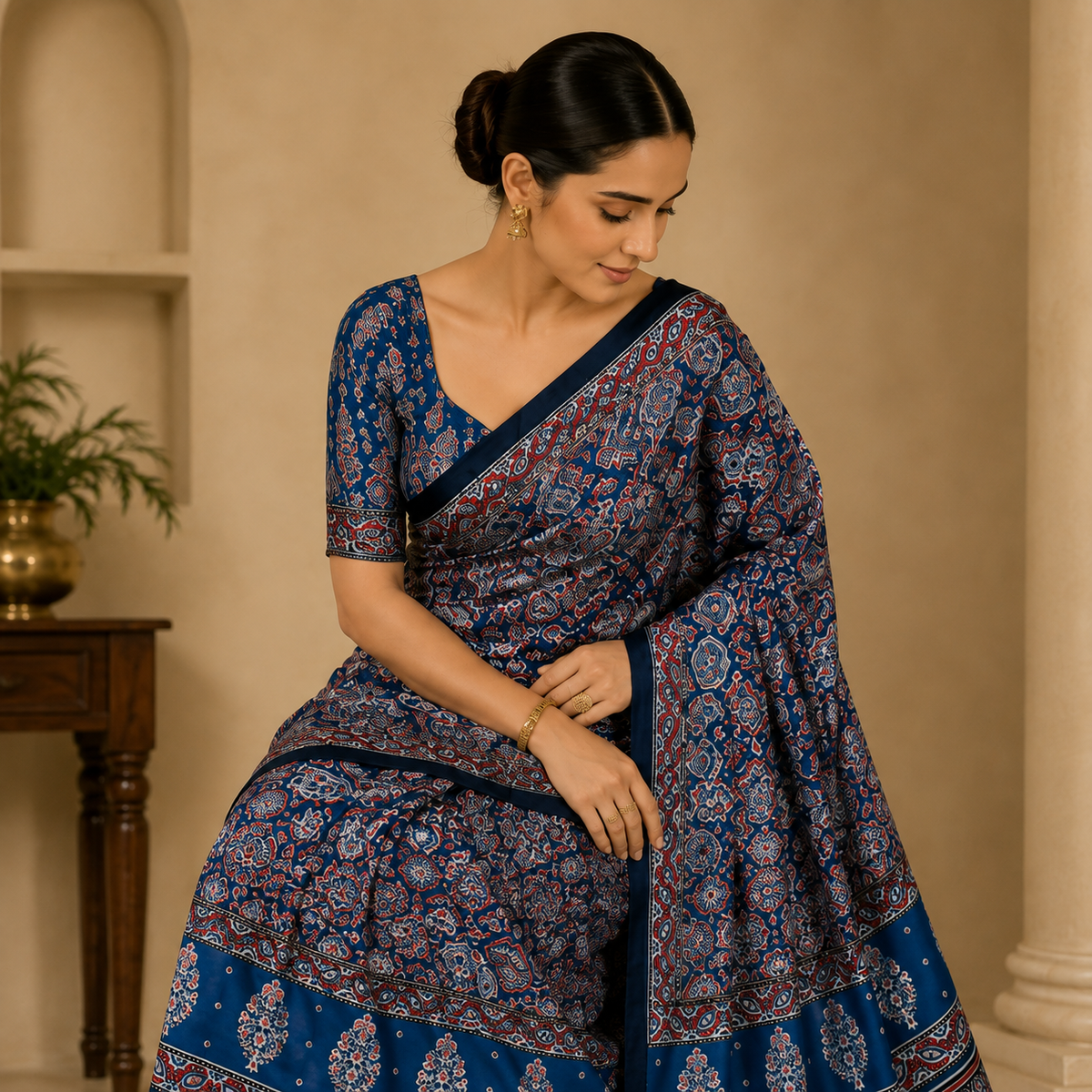 Ajrakh Viscose Silk Mirror Work Saree - Blue and Black