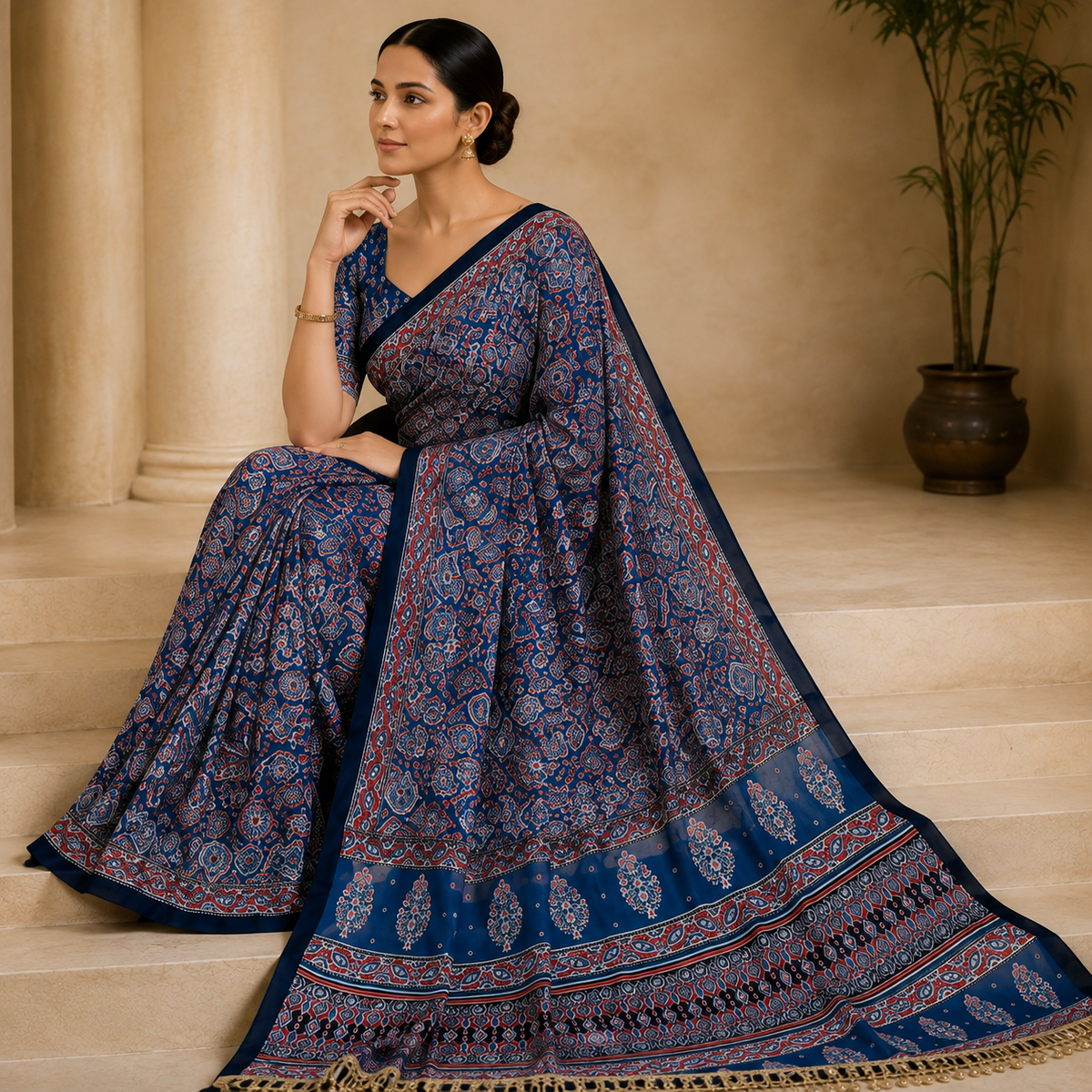 Ajrakh Viscose Silk Mirror Work Saree - Blue and Black