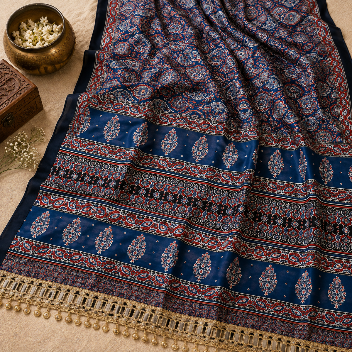 Ajrakh Viscose Silk Mirror Work Saree - Blue and Black
